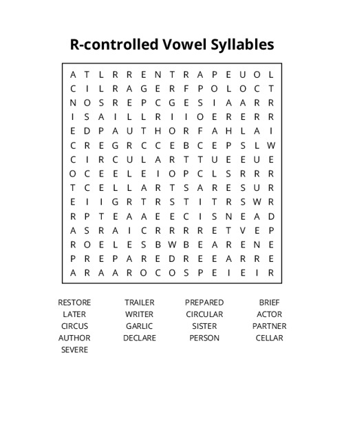 R-controlled Vowel Syllables Word Search Puzzle