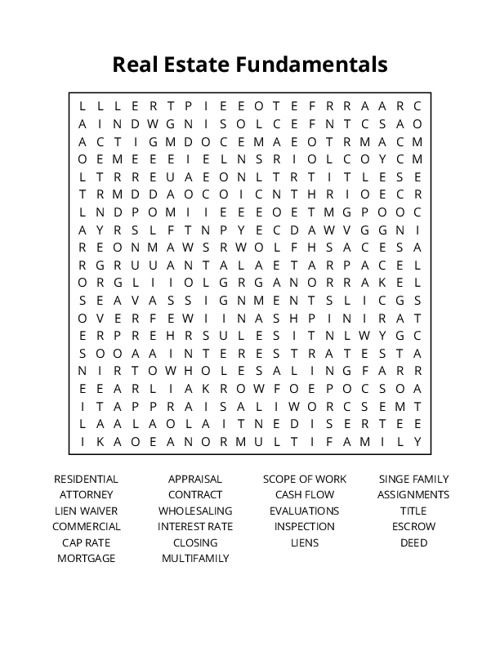 Real Estate Fundamentals Word Search Puzzle