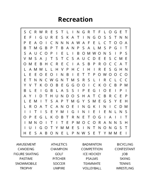 Recreation Word Search Puzzle