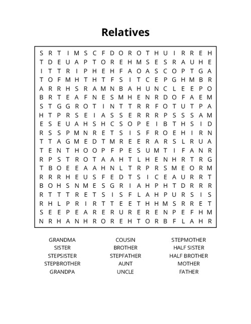 Relatives Word Search Puzzle