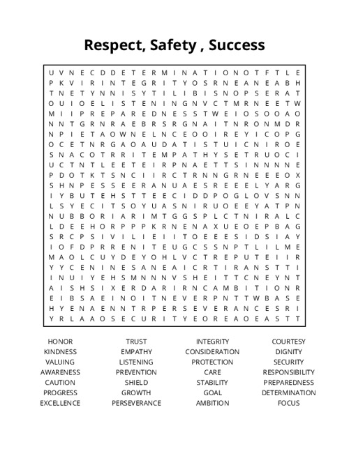 Respect, Safety , Success Word Search Puzzle