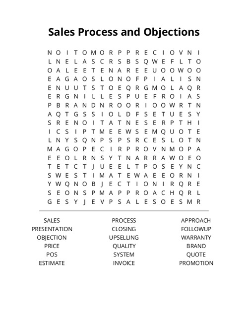 Sales Process and Objections Word Search Puzzle