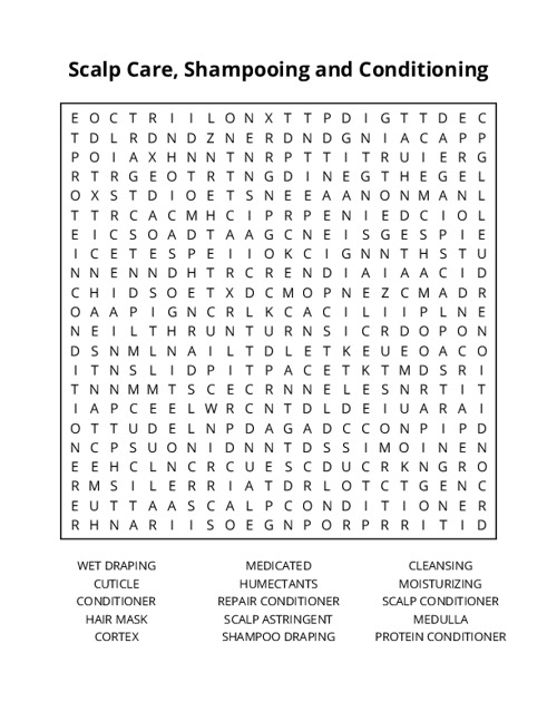 Scalp Care, Shampooing and Conditioning Word Search Puzzle