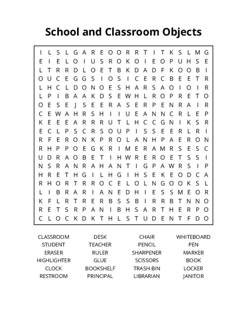 School and Classroom Objects Word Search Puzzle
