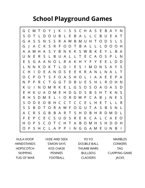 School Playground Games Word Search Puzzle