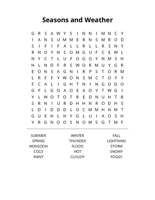 Seasons and Weather Word Search Puzzle