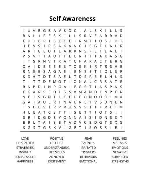 Self Awareness Word Search Puzzle