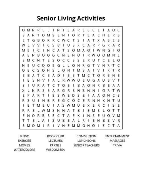 Senior Living Activities Word Search Puzzle