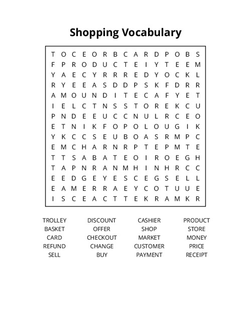 Shopping Vocabulary Word Search Puzzle