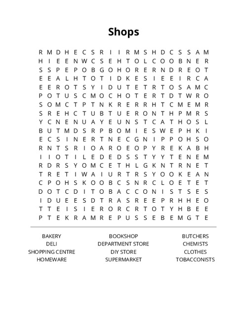 Shops Word Search Puzzle