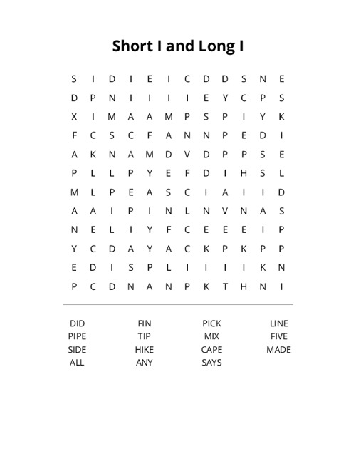 Short I and Long I Word Search Puzzle
