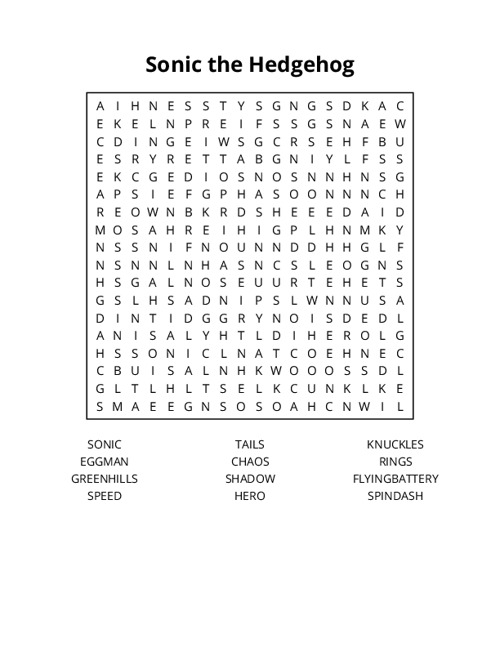 Sonic the Hedgehog Word Search Puzzle