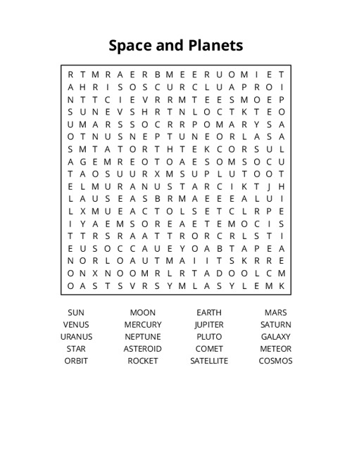 Space and Planets Word Search Puzzle
