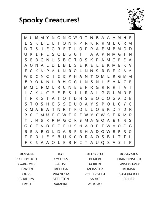 Spooky Creatures! Word Search Puzzle