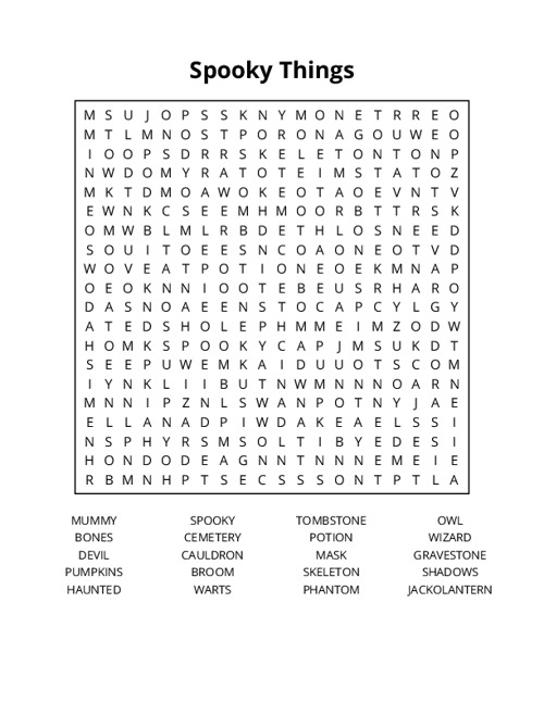 Spooky Things Word Search Puzzle