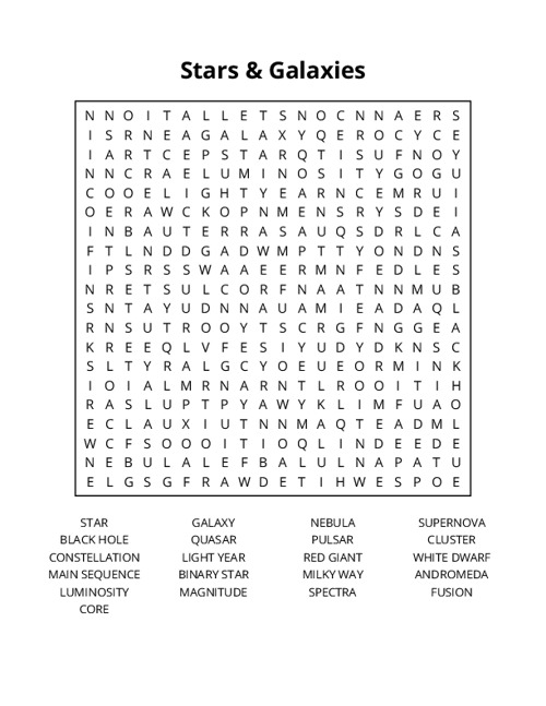 Stars & Galaxies Word Search Puzzle