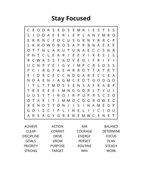 Stay Focused Word Search Puzzle