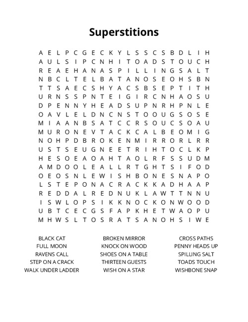Superstitions Word Search Puzzle