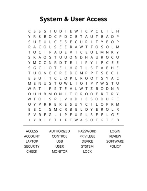 System & User Access Word Search Puzzle