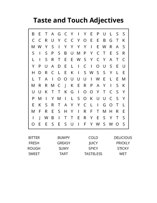 Taste and Touch Adjectives Word Search Puzzle
