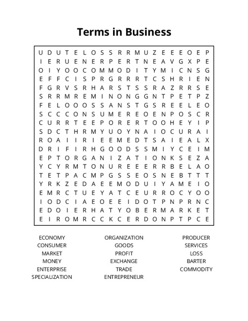 Terms in Business Word Search Puzzle