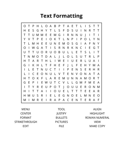 Text Formatting Word Search Puzzle