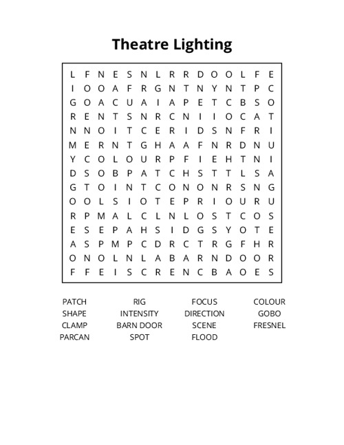 Theatre Lighting Word Search Puzzle