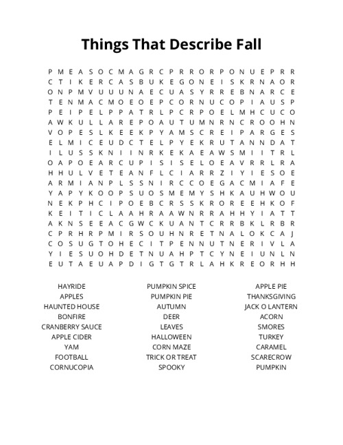 Things That Describe Fall Word Search Puzzle