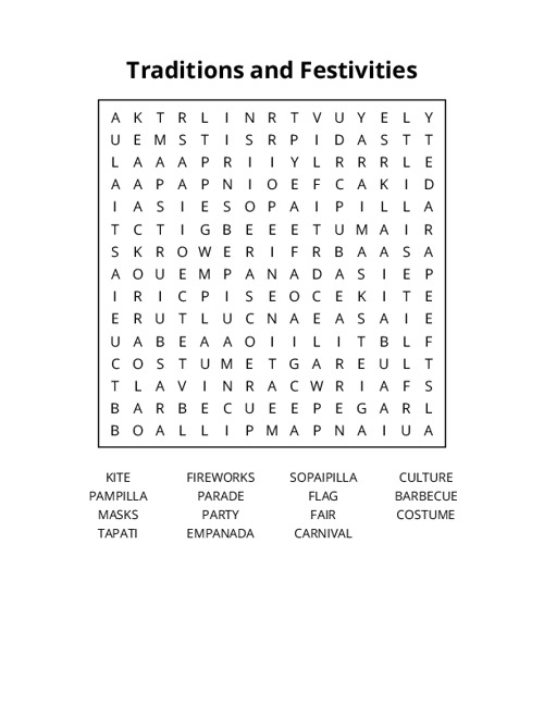 Traditions and Festivities Word Search Puzzle