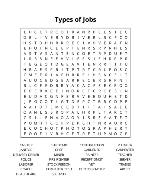 Types of Jobs Word Search Puzzle