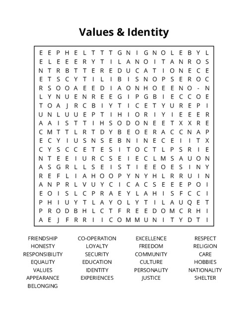 Values & Identity Word Search Puzzle