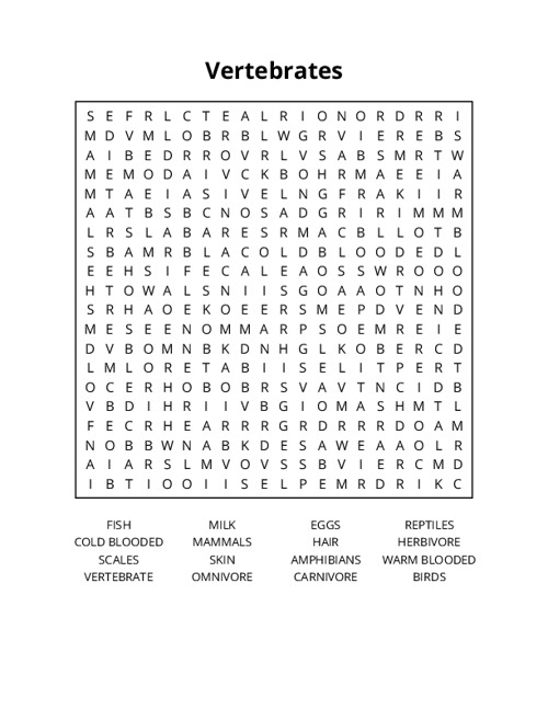 Vertebrates Word Search Puzzle