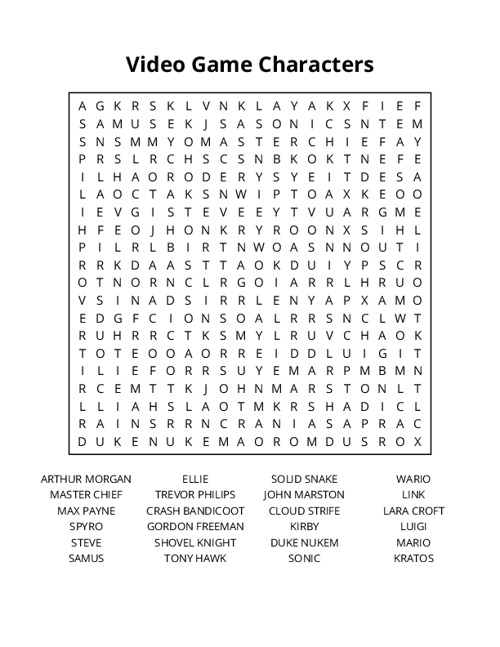 Video Game Characters Word Search Puzzle