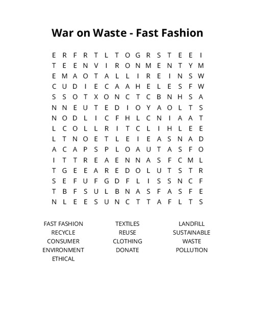 War on Waste - Fast Fashion Word Search Puzzle