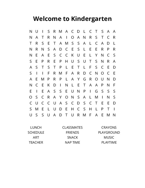 Welcome to Kindergarten Word Search Puzzle