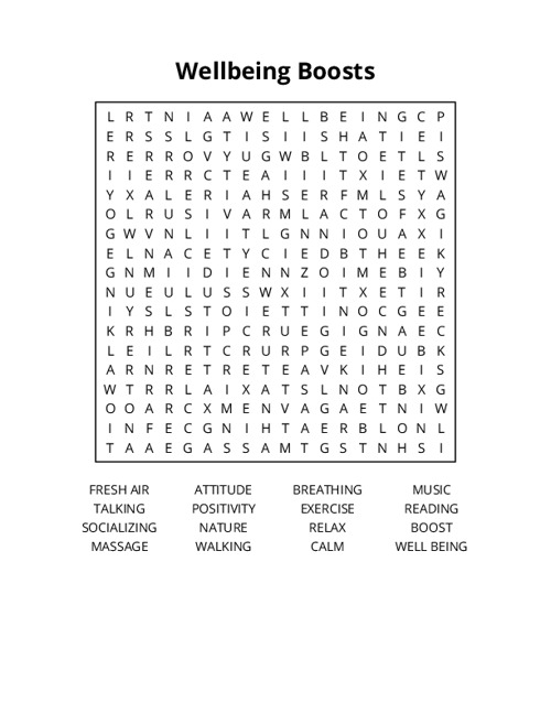 Wellbeing Boosts Word Search Puzzle