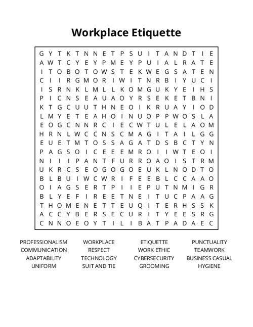 Workplace Etiquette Word Search Puzzle