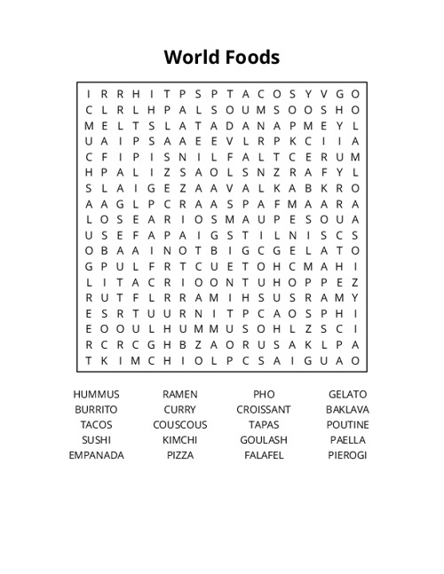 World Foods Word Search Puzzle