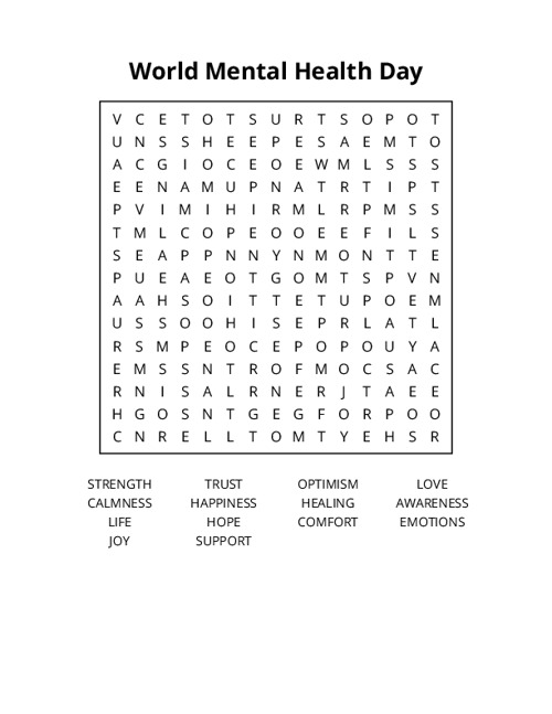 World Mental Health Day Word Search Puzzle