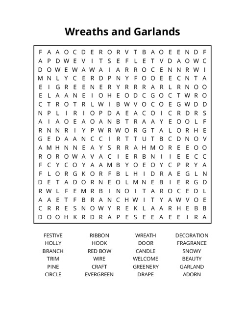 Wreaths and Garlands Word Search Puzzle
