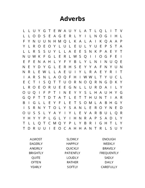 Adverbs Word Search Puzzle