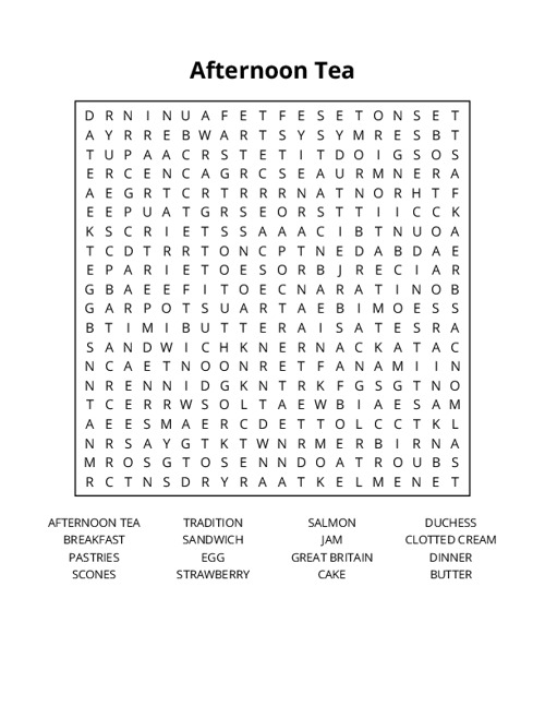 Afternoon Tea Word Search Puzzle
