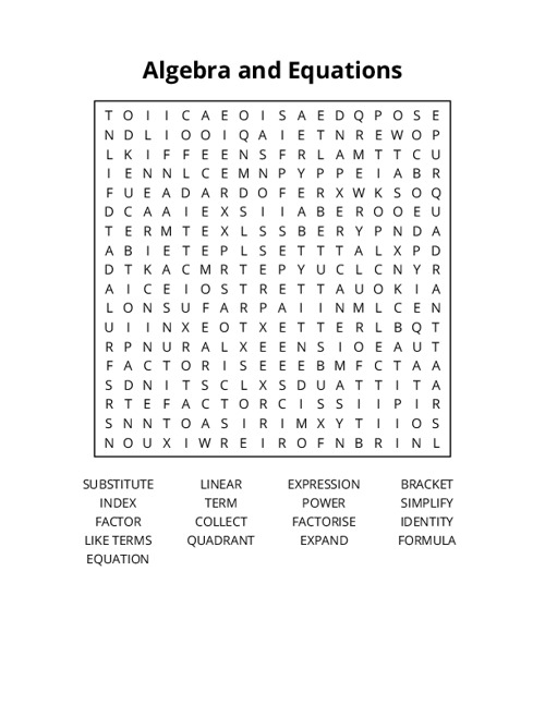 Algebra and Equations Word Search Puzzle