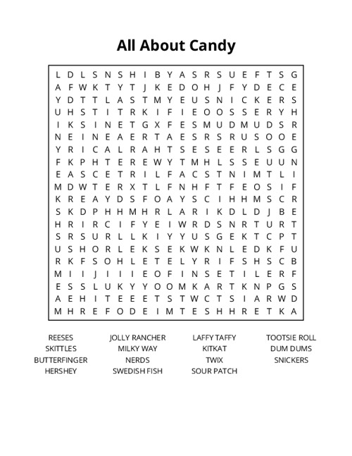 All About Candy Word Search Puzzle