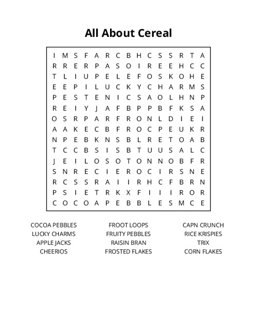 All About Cereal Word Search Puzzle