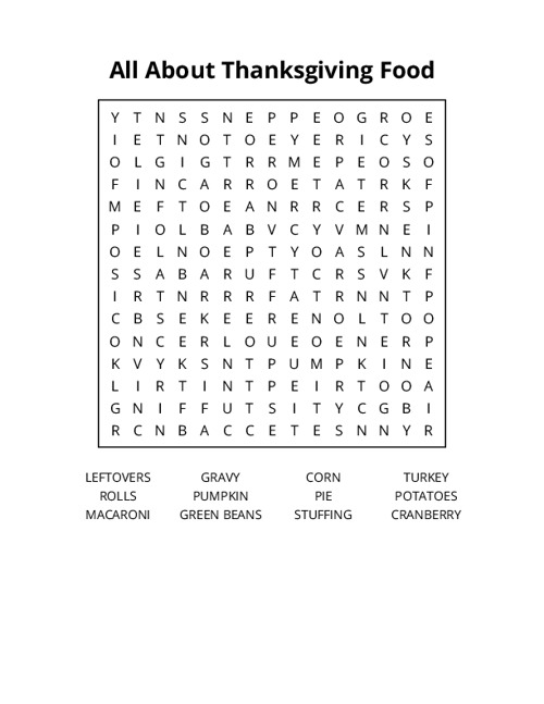 All About Thanksgiving Food Word Search Puzzle