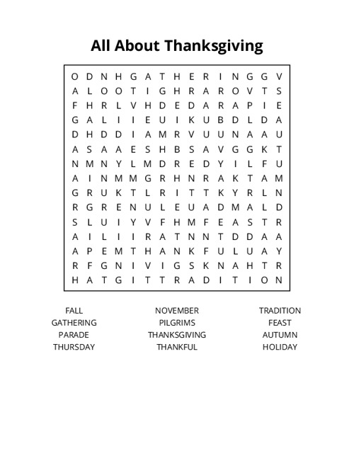 All About Thanksgiving Word Search Puzzle