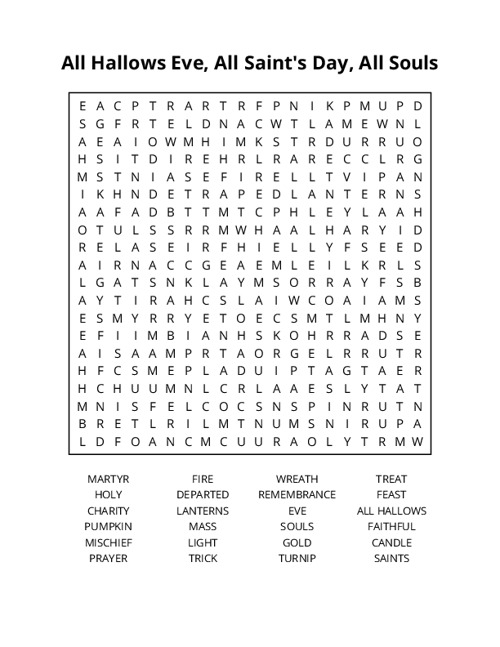 All Hallows Eve, All Saints Day, All Souls Word Search Puzzle