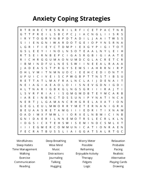 Anxiety Coping Strategies Word Search Puzzle