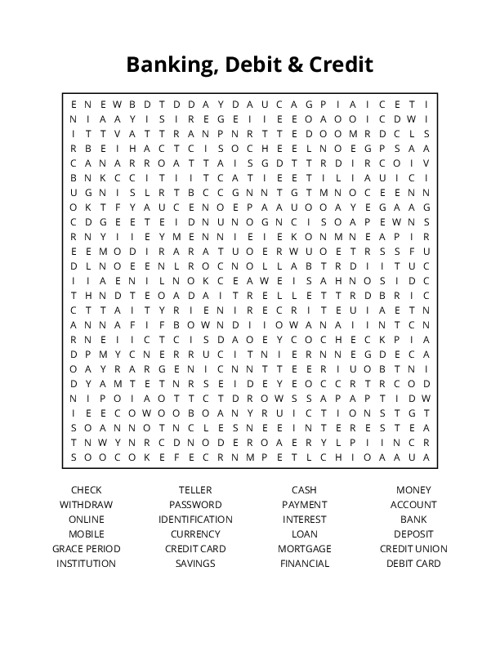 Banking, Debit & Credit Word Search Puzzle